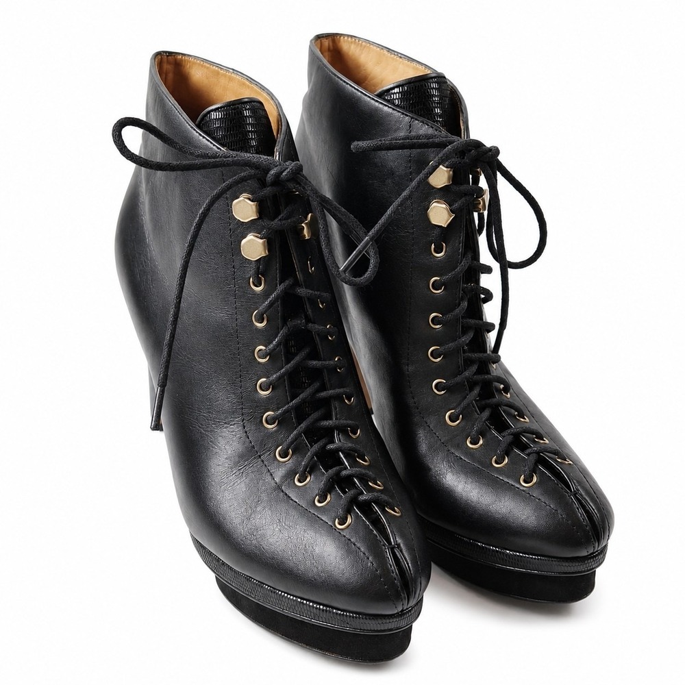ANN TAYLOR Aixa Booties Sz 8.5M Black Leather Lace-Up Stiletto Heel Whimsigoth